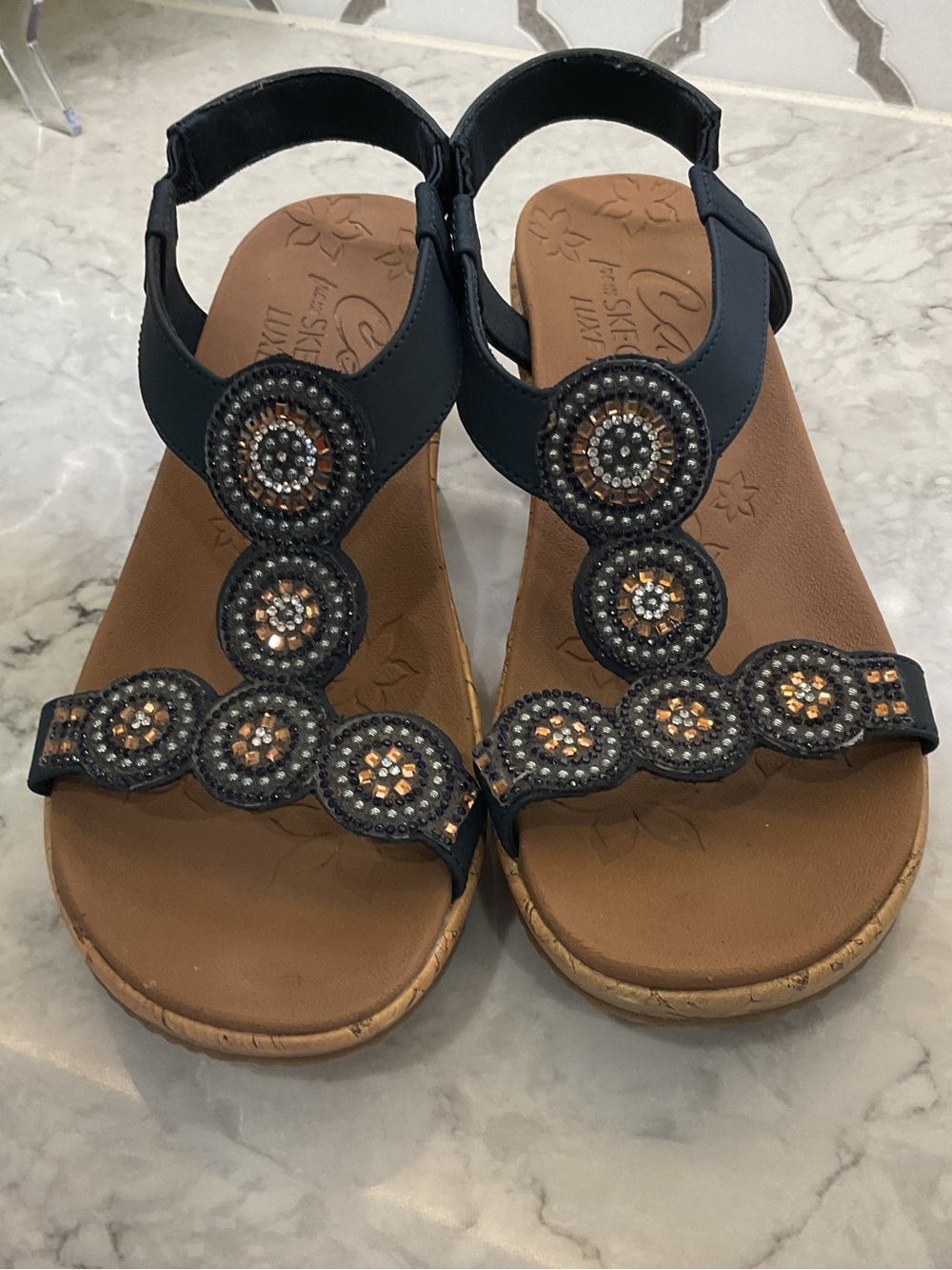 Skechers Black Beaded T-Strap Sandals with Tan Footbed